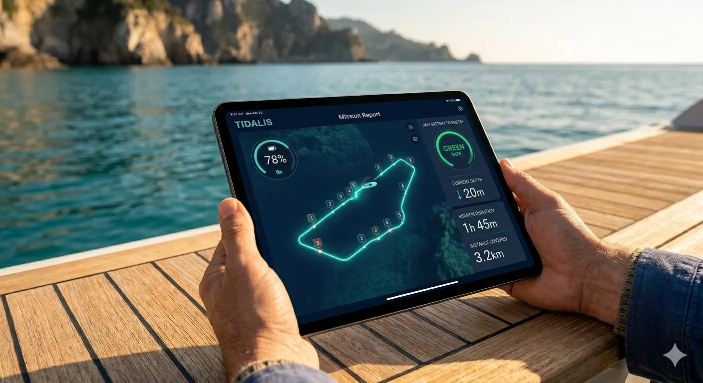 Tablet showing Tidalis mission report on a yacht deck